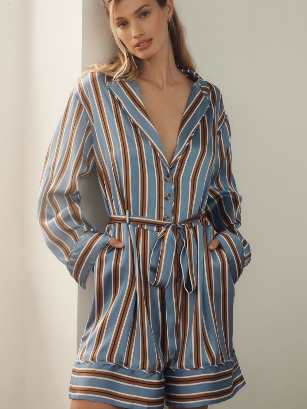 Anthropologie Blue & Brown Striped Tie-Waist Romper